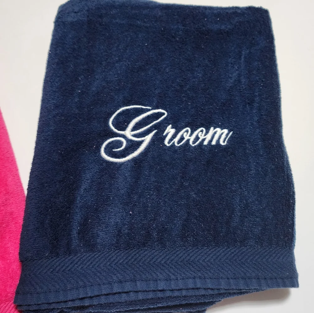 Bride and Groom beach towels set of two honeymoon beach towels Pink and Blue